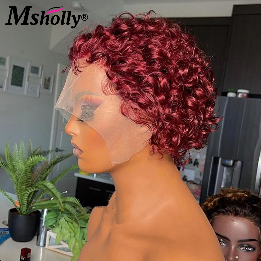 99J Short Water Curly Human Hair Wig Pixie Cut Bob Brazilian Remy Burgundy Wigs For Women 13x1 Transparent Lace Front Wigs