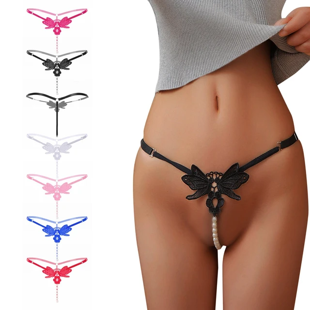 Japanese Woman Underwear Embroidered Hollow Butterfly Sexy Low Waist  Underpants Open Cut Pearl Massage Thong Woman Clothing - AliExpress