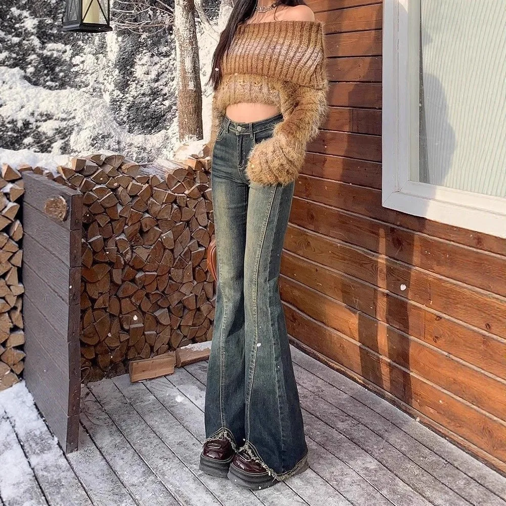 Cement gray high-waisted flared jeans for women, slim fit, stretchy, slimming bell-bottom pants for petite figures 3