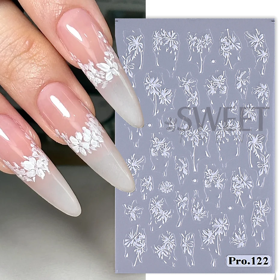 3pcs Painting White Flower Nail Art Stickers Elegant Simple Lace Floral Rose Design French Decal Valentine's Bride Manicure Tips
