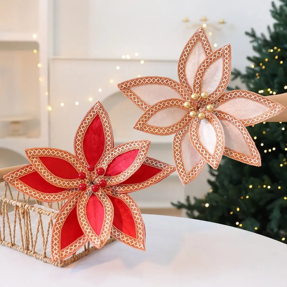 Gold Red Fabric Plastic Christmas Artificial Flowers