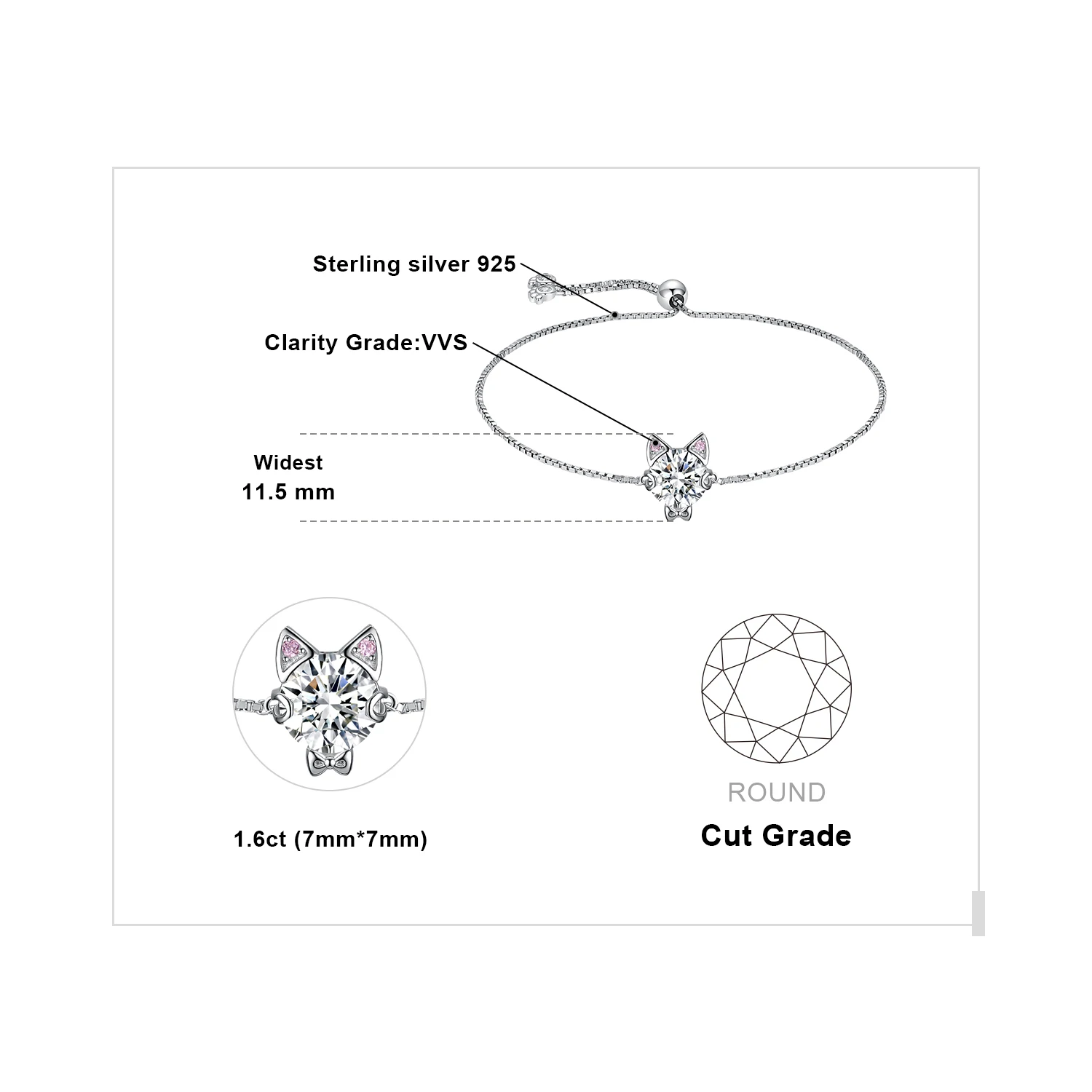 JewelryPalace 새로운 도착 사랑 고양이 1.7ct 라운드 보석 조절 링크 팔찌, 여성을 위한 고급 보석 선물