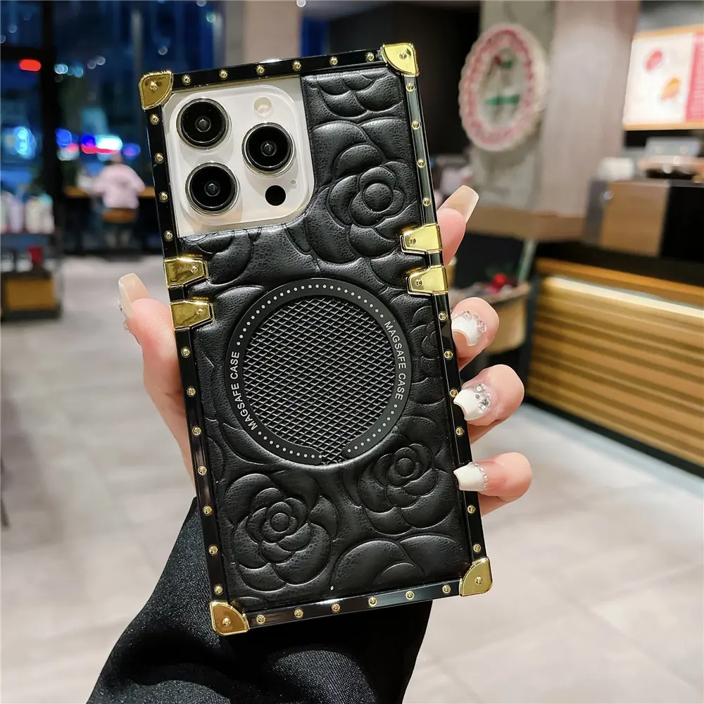 Fashion 3D Flower Leather Plating Square Case For Magsafe iPhone 13 14 Plus 12 11 15 Pro Max Wireless Charging_voghion.com