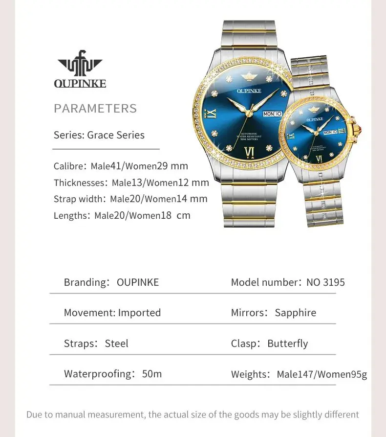 OUPINKE 3195 Automatic Watch Luxury Mechanical Couple Watch Auto Date Diamond Scale Dress Wristwatch Waterproof Luminous Clock
