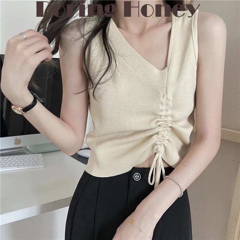 

Boring Honey Fashion Women Blouses Retro V-Neck Tank Tops Women Drawstring Lace Up Irregular Bevel Edge Women's T-Shirt Crop Top