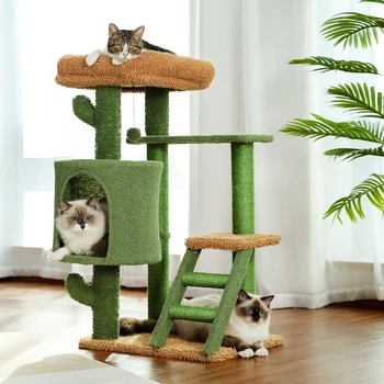 Free Shipping Cactus Cat Tree With Climbing Ladder Green Cat Tower With Condo Cozy Scratching Post.jpg