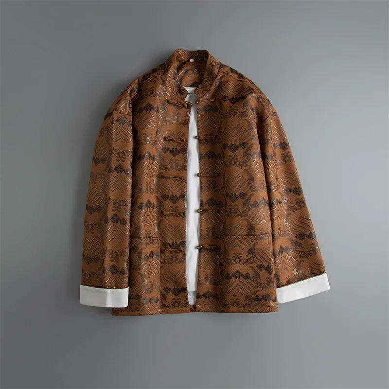 New Chinese Style Cotton Enhanced Jacket Wave Pattern Gold Stamp Printing Handmade Button Tang Suit Copper Button Outerwear