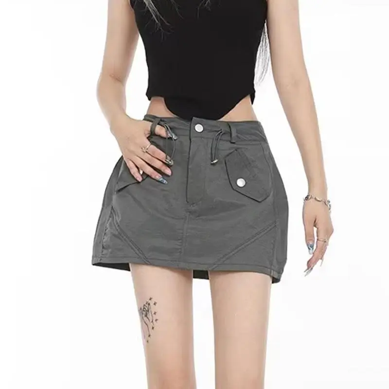 Women's Drawstring Skirts 2024 Summer Hot Girl Cargo Short Skirt Vintage Y2k Streetwear Korean Fashion Clothing Grey Black