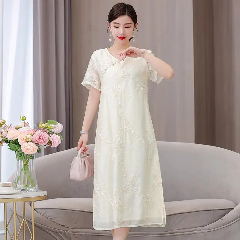 

Elegant Cheongsam 2023 Summer New Large Size Women's Art Retro Ramie Embroidery Improved Qipao Cotton Linen Dress Midi Z2194