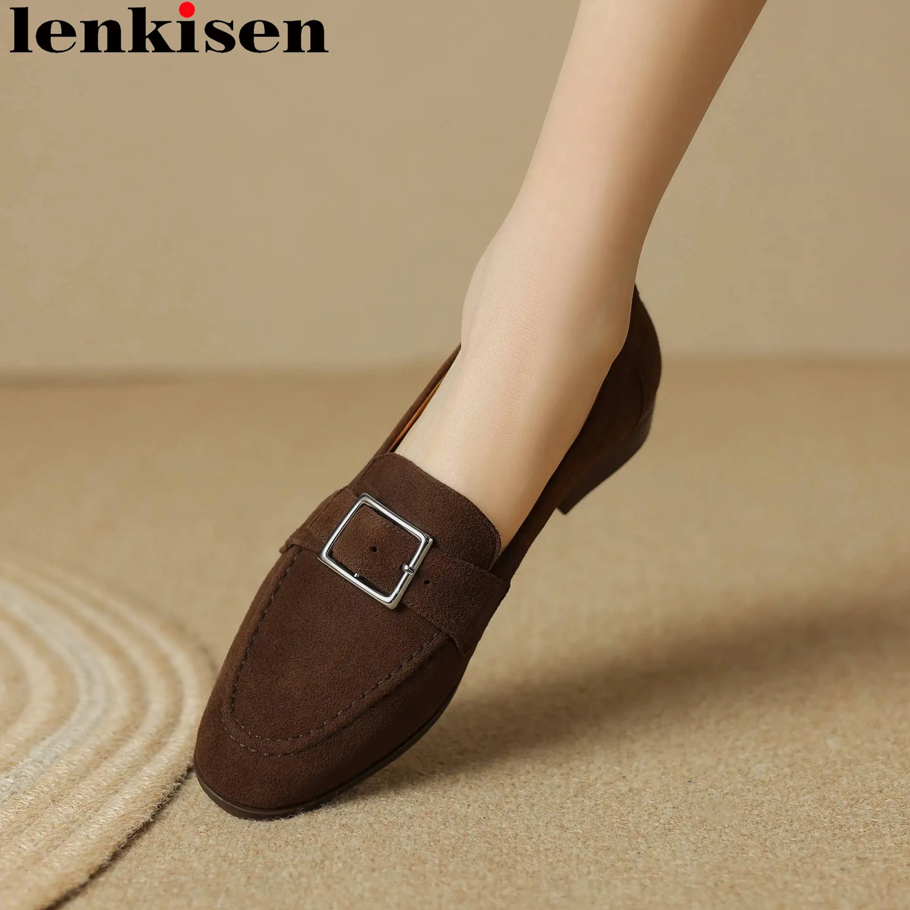 

Lenkisen 2024 Sheep Suede Chunky Heels Spring Brand Loafers Slip On Metal Buckle Round Toe Casual Driving Vacation Women Pumps