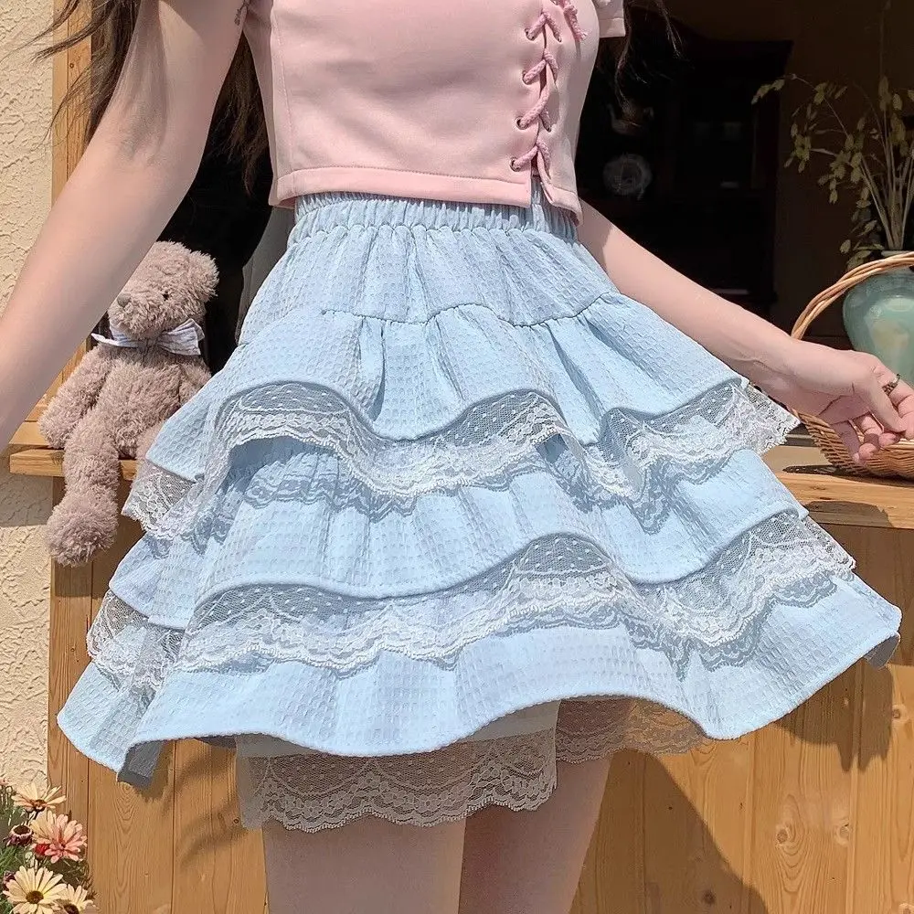 DEEPTOWN Kawaii Lolita Skirt Women Cutecore High Waist A-line Lace Patchwork Cute Layered Ruffles Mini Skirt Summer Soft Girl