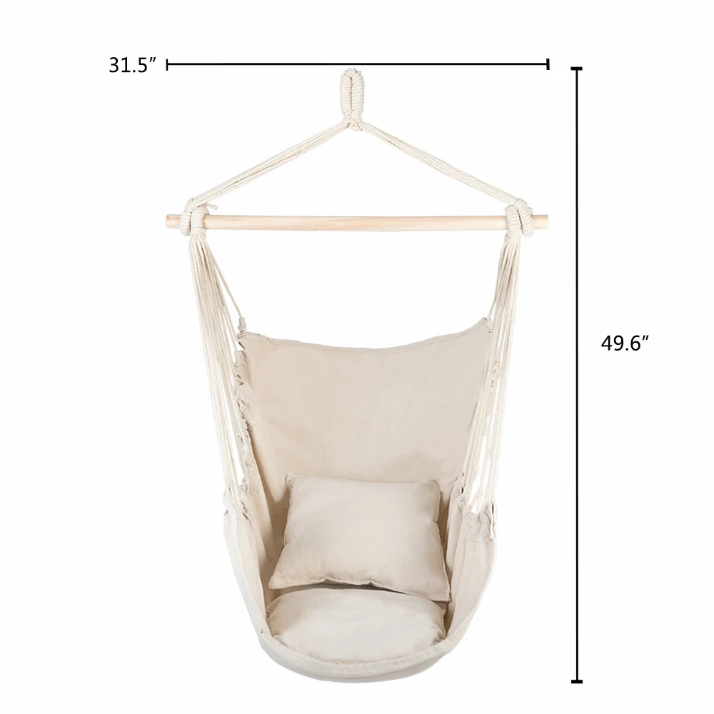 Distinctive Cotton Canvas Hanging Rope Chair With Pillows Beige Garden Furniture 2