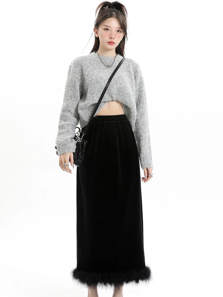 2024 Women Plush Elastic Waist Black Velour Skirt Autumn Winter New Advanced Sense Fashion Split Wrap Buttocks A-Line Long Skirt split professional buttocks pencil skirt scarf dress women s new hot selling fashion 2023 stock monochrome long sleeved dress