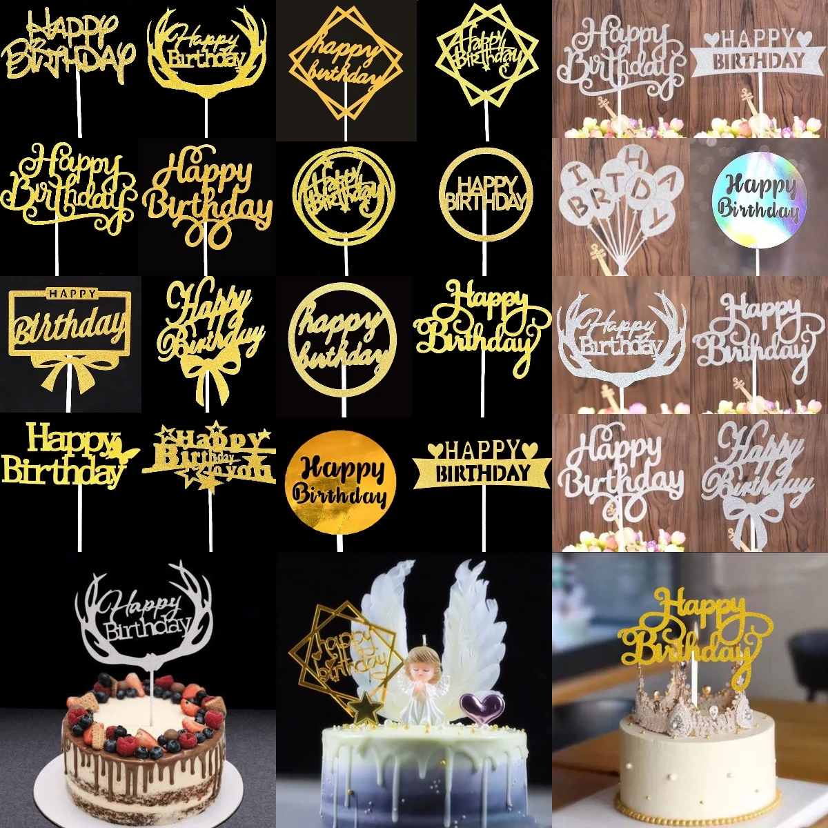 

10Pcs Hand Writing Creative Letter Glitter Silver Gold Cake Toppers Happy Birthday Party Necessary Baking Cake Decorating Crafts