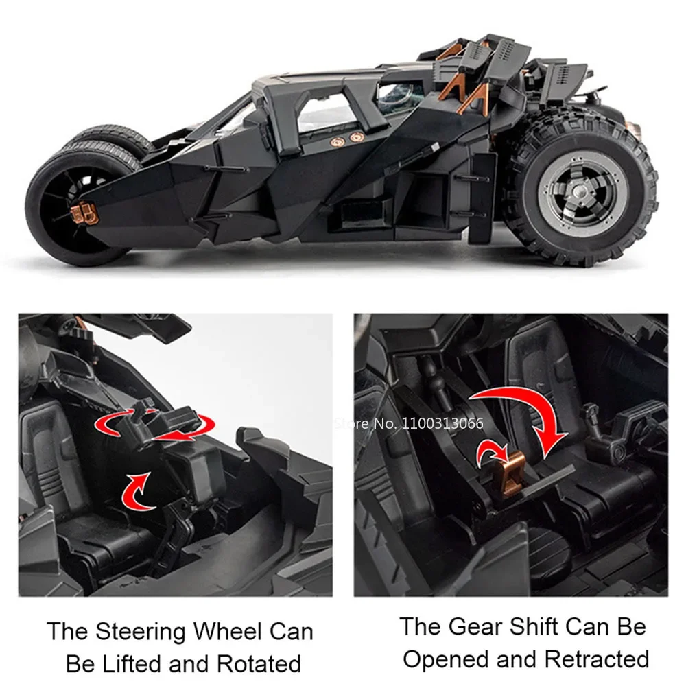 1:18 Batmobile Toys Alloy Models Cars Rubber Tires Miniature Vehicle Spray Version Cabin Door Opened Car for Kids Birthday Gifts 4