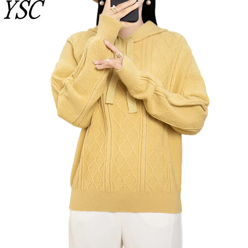 

YSC 2023 Winter New Women's Knitting Cashmere wool blend sweaters Hooded collar Diamond style high-quality Warm pullover