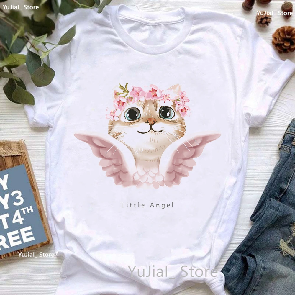 Little Angel Cat Graphic Print Tshirt Girls Summer Fashion Car T Shirt Women Harajuku Shirt White Casual T-Shirt Female