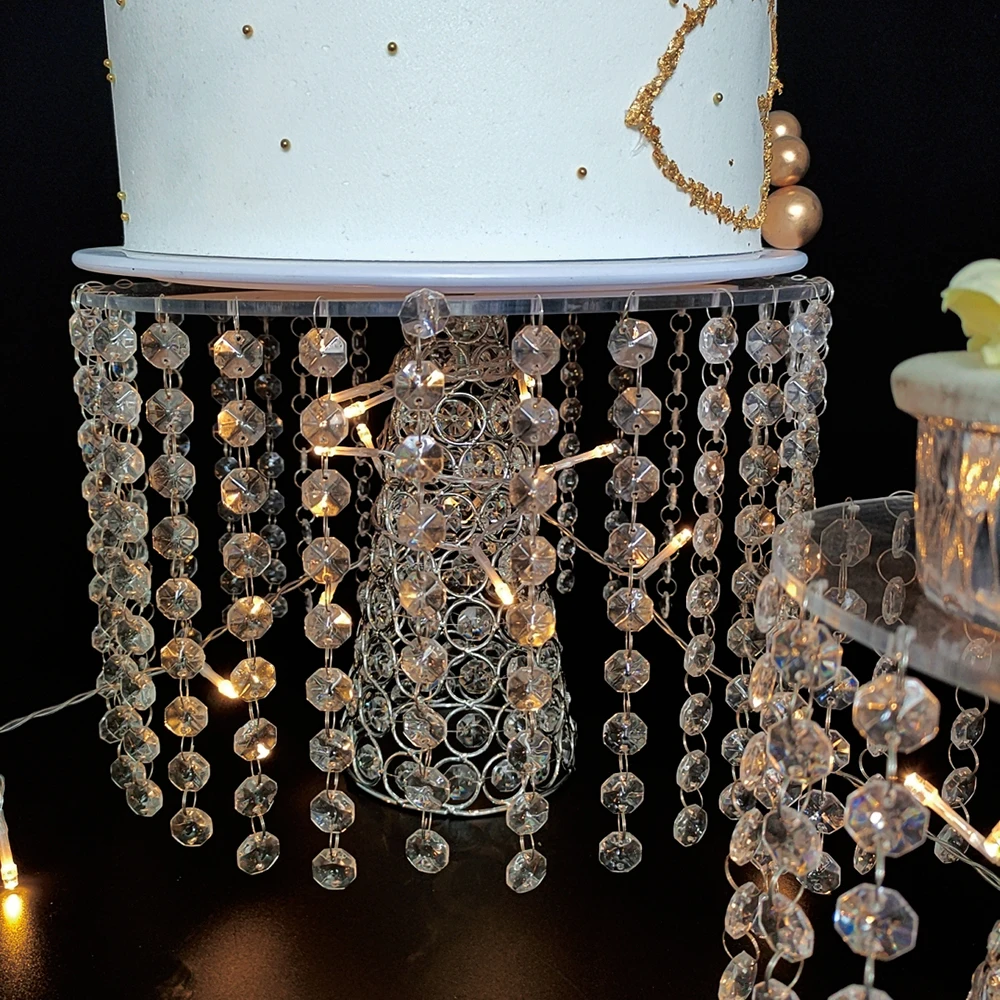 1pcs-3pcs/lot Round Cake Serving Stand with Crystal Dessert Cupcake Pastry with Hanging Acrylic Crystals for Wedding Event