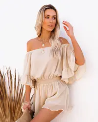 Sexy Slant Neck Off Shoulder Rompers Seaside Holiday Print Mini Jumpsuit Summer Flared Half Sleeve Waisted Shorts Playsuits 2023