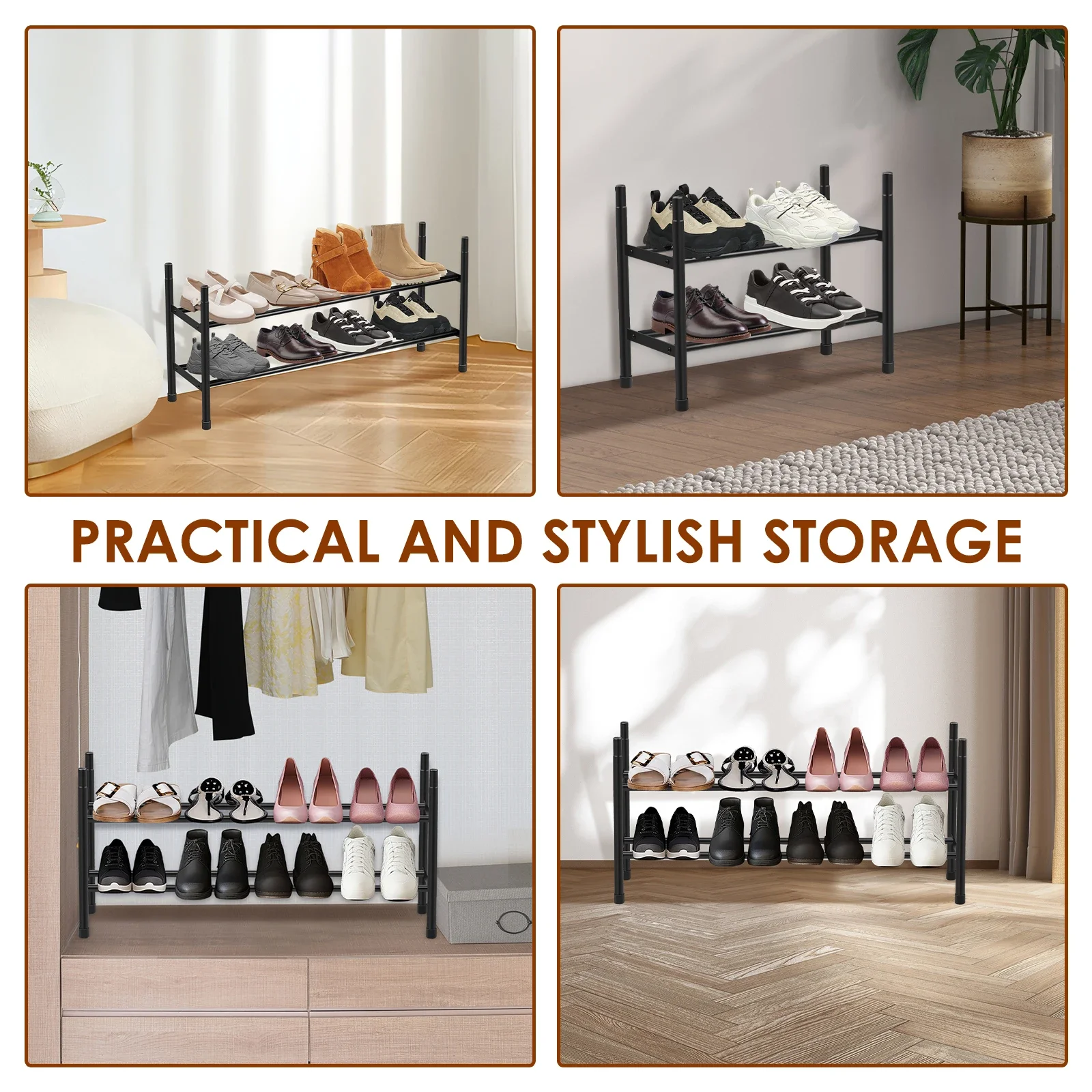 Expandable Shoe Rack 2 Tier Adjustable Shoe Storage Shelf Metal Storage Organizer Stackable Stand Rack Entryway