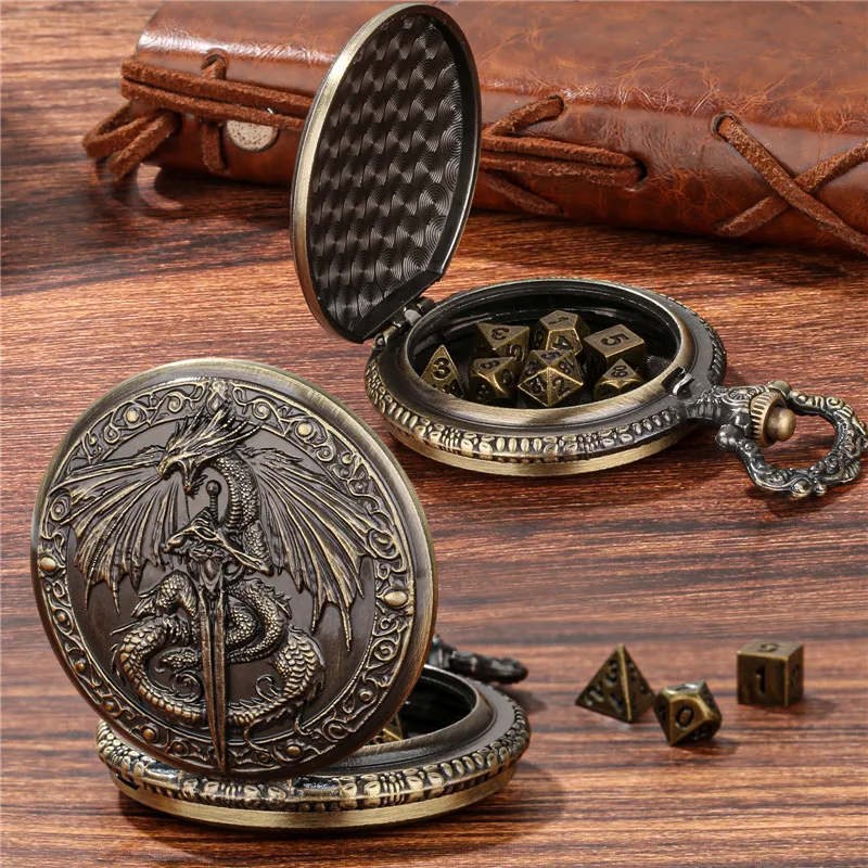 Retro 7-fach polyedrisches Würfelset aus Metall für Unterhaltung, Rollenspiele, Gaming, fliegender Drache mit Schwert, Taschenuhrengehäuse, FOB-Kette – Detail 3