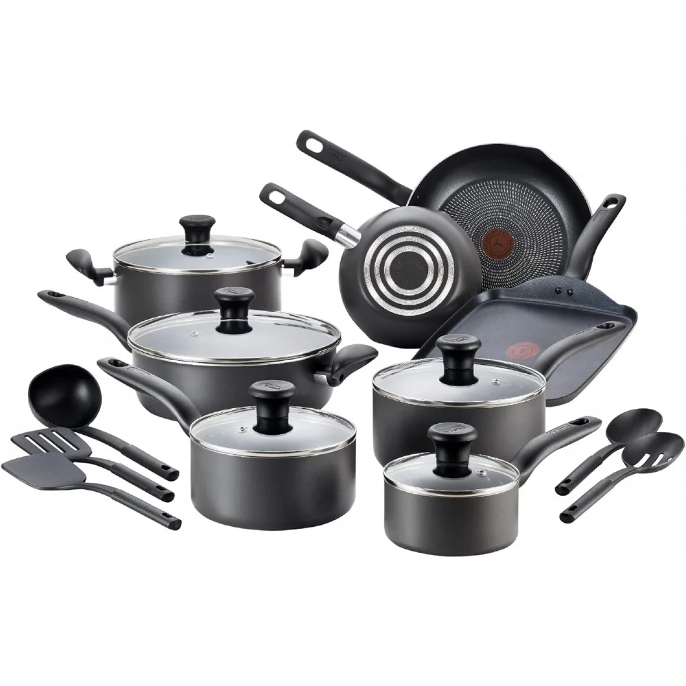 

T-fal Initiatives Nonstick Cookware Set 18 Piece Oven Safe 350F Pots and Pans, Dishwasher Safe Black