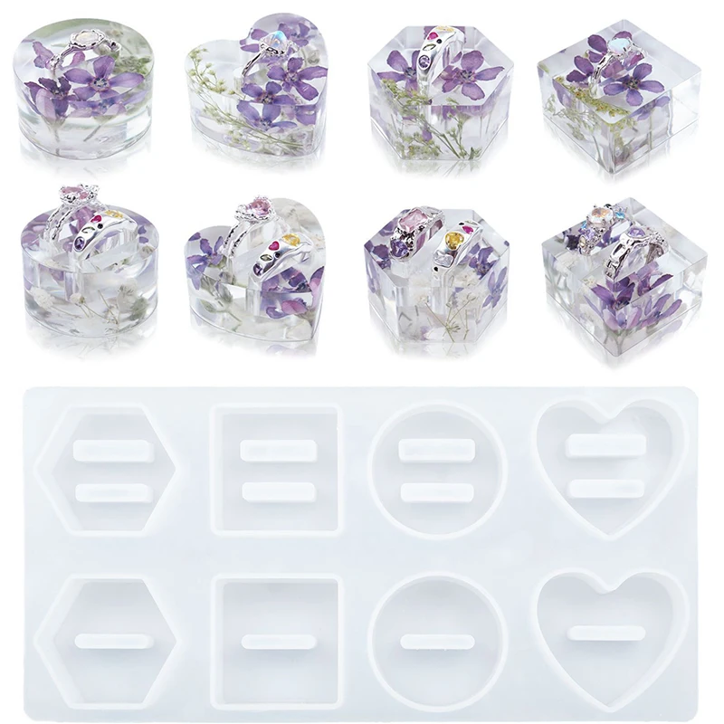 

DIY Ring Holder Crystal Epoxy Resin Mold Round Hexagonal Love Ring Support Mirror Silicone Mold Durable Handmade Material Model