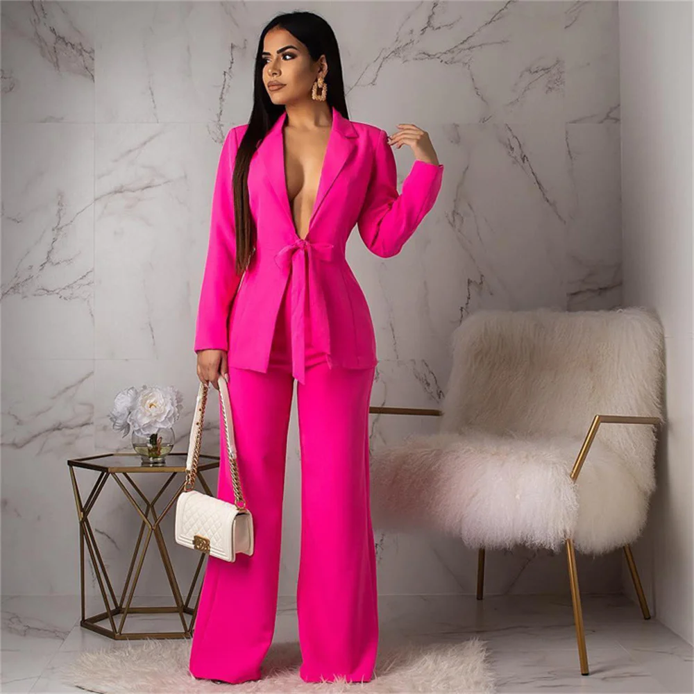 Elegant Women Formal Pant Sets 2023 New in Female Lace-up Blazers + Wide Leg Pant Suit Officie Lady Business 2 Piece Set