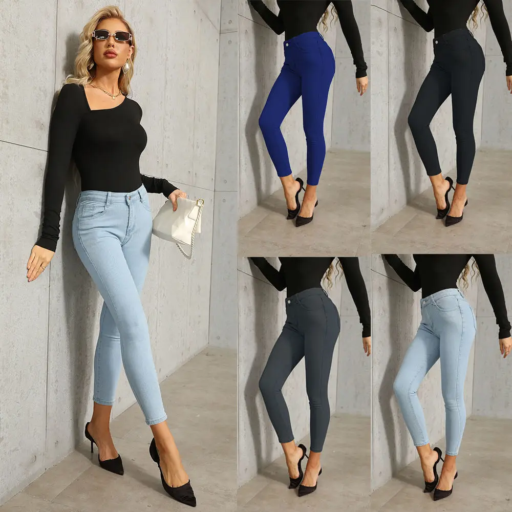 

Cross-border European Size Jeans Women's Hip Skinny Leg Pants Stretch Plus Size Nine-point Pants