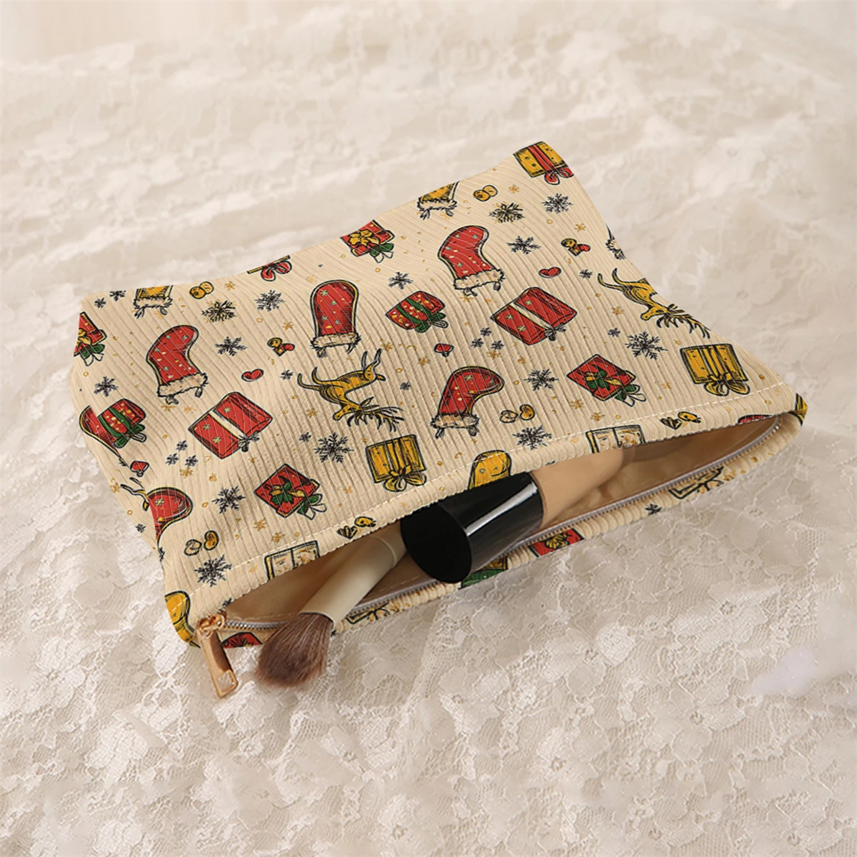 1 Christmas themed corduroy makeup bag, lightweight zipper makeup storage box, multifunctional bag with lining
