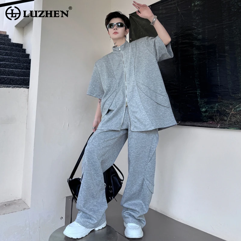 

LUZHEN Stylish Splicing Design Stylish Handsome Short Sleeved Jackets Two-piece Sets Fashion Men's Street Straight Pants LZ3415