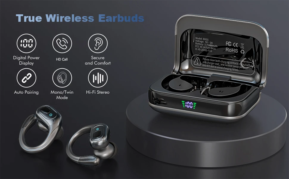 Description Picture 2 of itemWireless Earbuds Bluetooth 5.3 Earphones 75hrs Playtime EAC Noise Reduction Sports Headphones Earhook Deep Bass IPX7 Waterproof