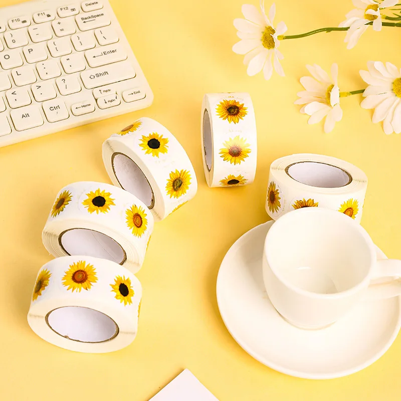 100-500PCS Sunflowers Stickers Packaging Stickers Roll Home Made Small Lables for Kids Pack Rolling Photocard Decor roll packaging stickers,packaging stickers,decorative stickers,floral stickers,decorative labels stickers,paper stickers,adhesive stickers