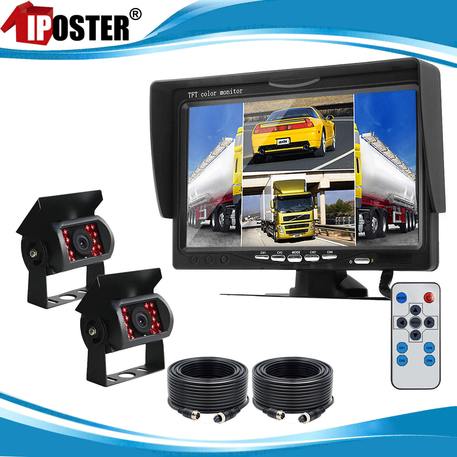 

iPoster 7 Inch Split Screen Quad Monitor 2x 4PIN Heavy Duty Rear View Reversing Cameras 12-24v Kit For Truck Rv Caravan Trailer