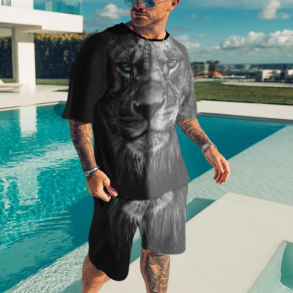 Summer Men Short Sets Male Jogging Sportwear Fashion 3D Print Oversize Pants Suit Casual Streetwear Outfit Animal Tiger Lion