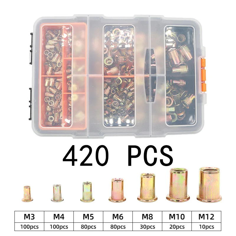 420pcs Rivet Nuts Assortment Box Kit M3 M12 Yellow Zinc Plated Finish