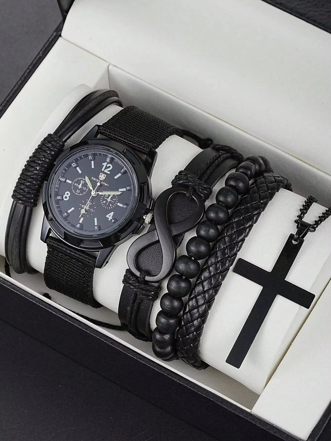 5/6pcs Set Fashionable Pu Leather '8' Shape Beaded Bracelet With Mechanical Watch, Cross Pendant Necklace For Men, Black-Colored 6