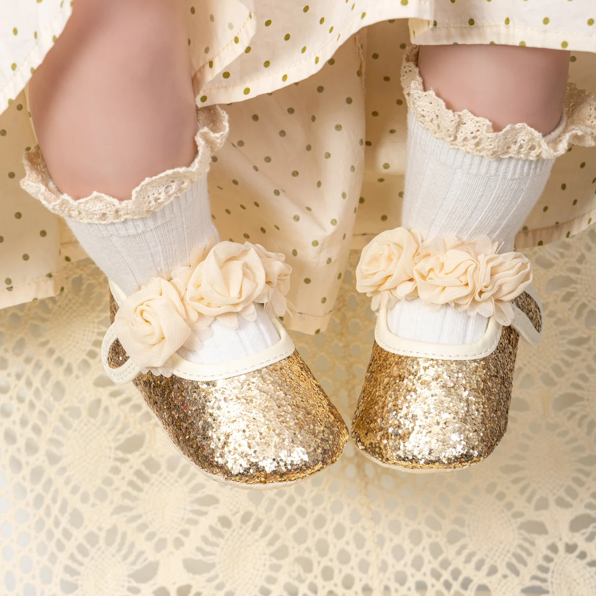 KIDSUN Baby Girl Shoes Party Cotton Bottom Non-slip Bling Newborns Infant Crib First Walkers Toddler Baby Shoes Flower Lace 3