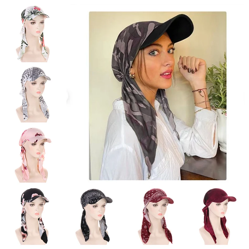 

Women Floral Printed Turban Caps Wide Brim Sunshade Hats Headscarf Soft Hijab Caps Sunscreen Baseball Cap Outdoor Accessories