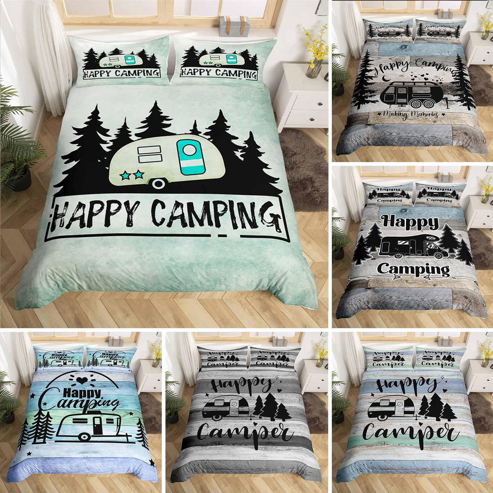 

Happy Camping Duvet Cover Queen Cartoon Caravan Camping Bedding Set Farmhouse Style 3D Camper Comforter Cover With Pillowcases