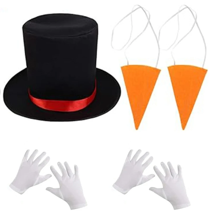 Snowmen Dress Up Costume Set Black Hat Scarf Gloves Kids Role Play Snowmen Costume Fedoras Hat Scarf Nose Headwear Photo Props