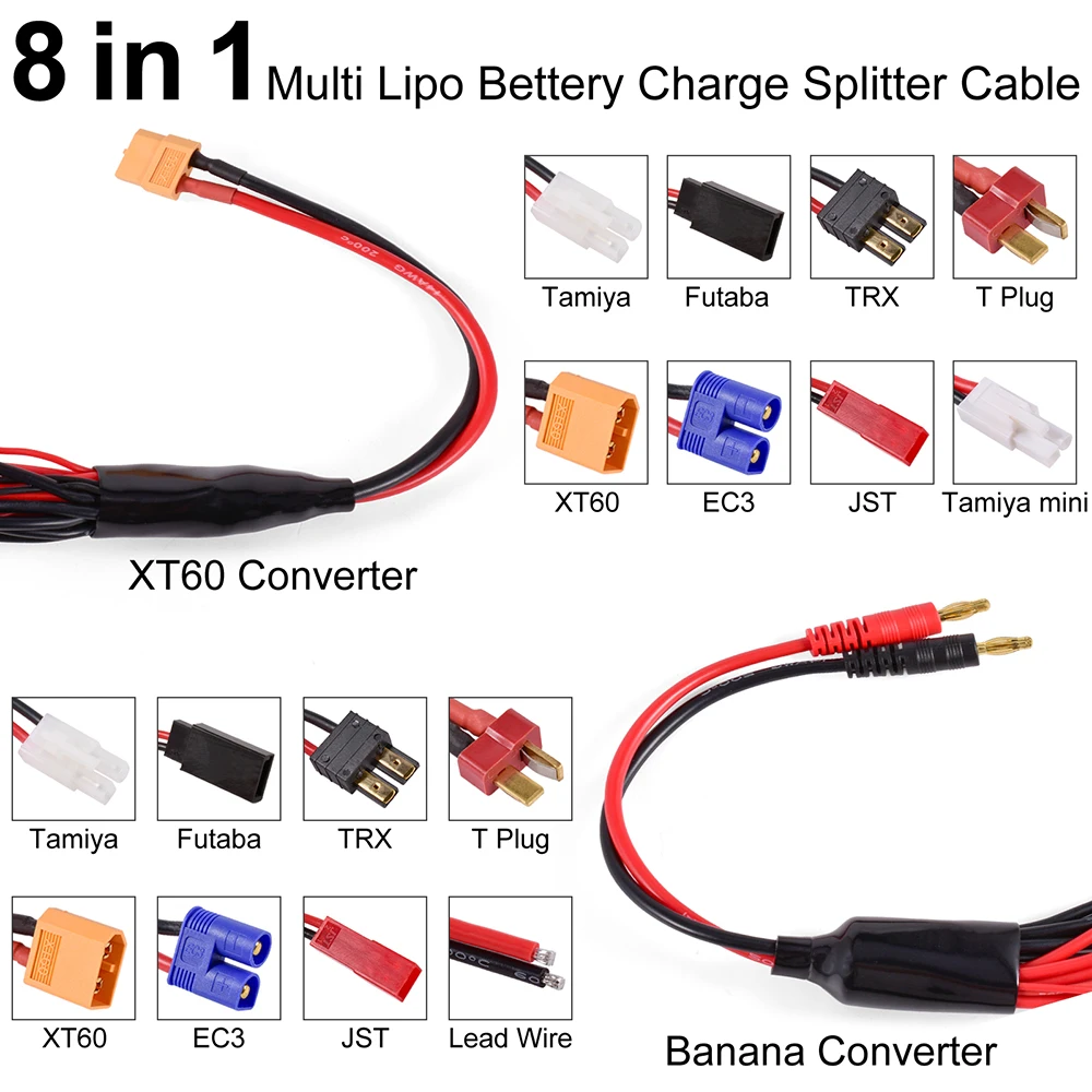 Sef70352681a04606b7fe4b5c72c3681cM RC Charger Adapter Connector 8 In 1 Charger 4.0mm Banana XT60 TRX Tamiya Lipo for RC Car Drone Imax B6 B6AC Battery Cable
