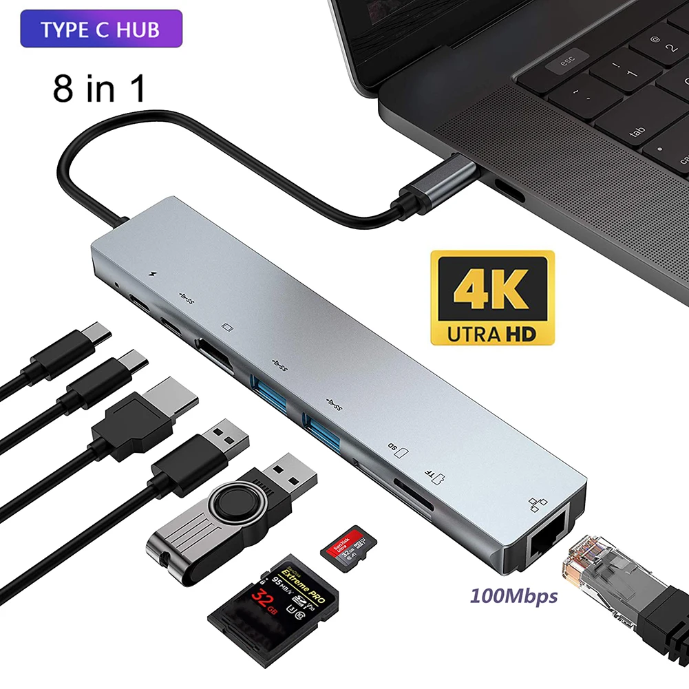 

USB C Dock Hub Type-C Thunderbolt 3 To 4K UHD TF/SD Card USB 2.0 100M RJ45 Ethernet LAN PD Charging 8-Port Splitter for Macbook