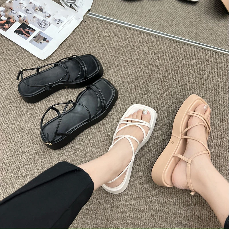 

SHANZAO 2023 Summer New Brand Women Sandal Fashion Narrow Band Gladiator Shoes Platform Flats Heel Open Toe Dress Pumps Shoe