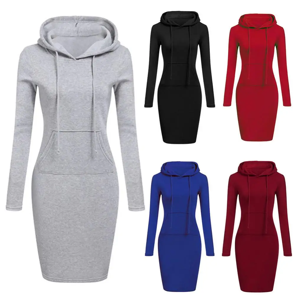 

Women Hoodie Dress Warm Long Sleeve Solid Color Hooded Sweatshirt Pocket Fashion Casual Strretwear Spring Autumn Female Dress