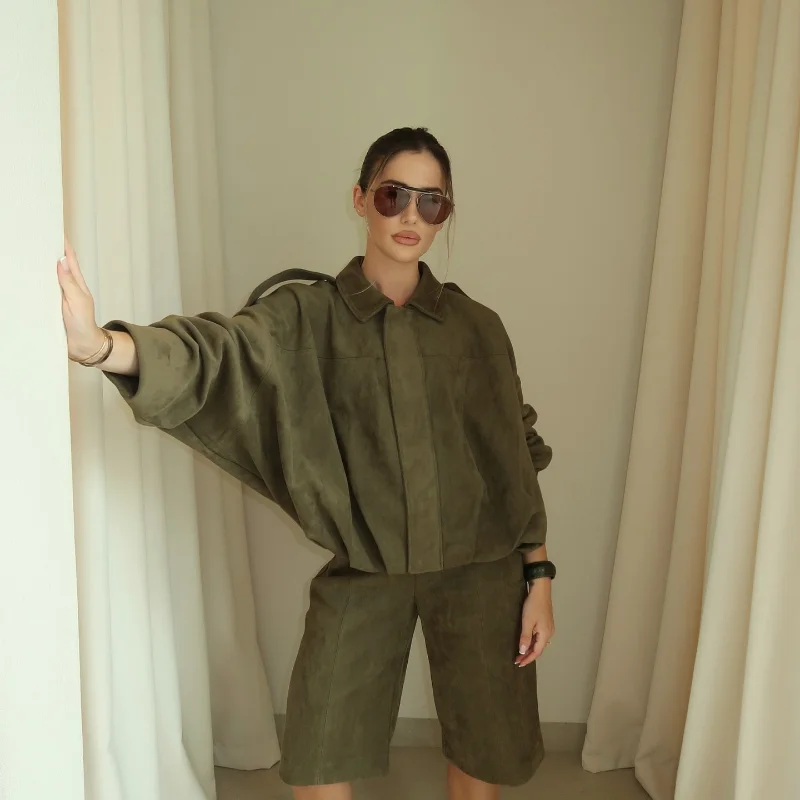 Women Green Suede Leather Jacket 2025 Fashion Oversized Full Sleeve Lapel Bomber Coat Female High Street Outerwears New Spring