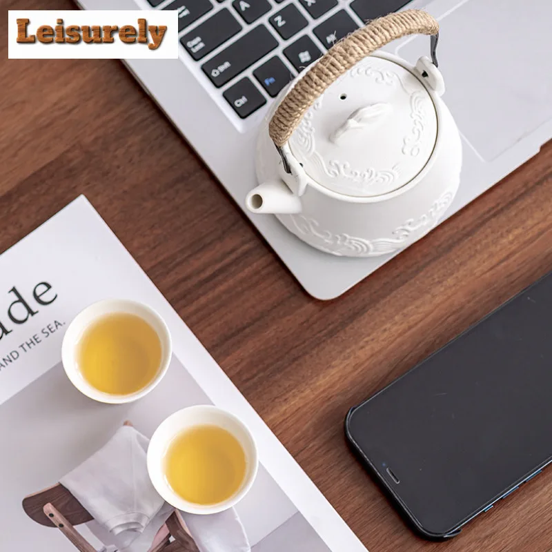 Retro Sea Wave Vine Weaving Lifting Handle Pot Tea Set Kit Traditional 1 Pot 2 Cups Tea Making Camping Stock Bags Teaset Craft