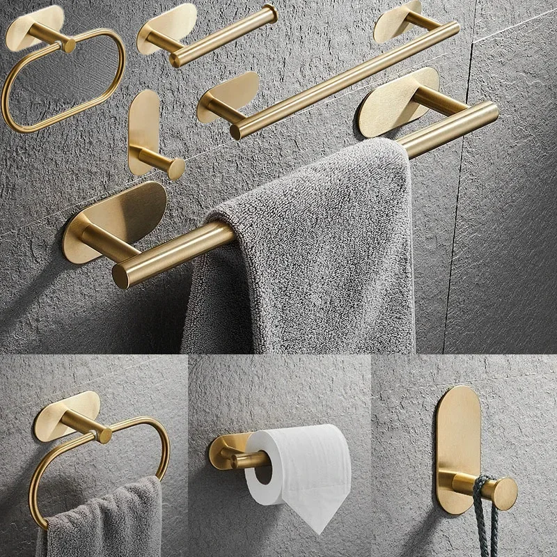 Self Adhesive Small Towel Stand Self-Adhesive Bathroom Accessories Sets  Gold Silver Towel Rack Bar