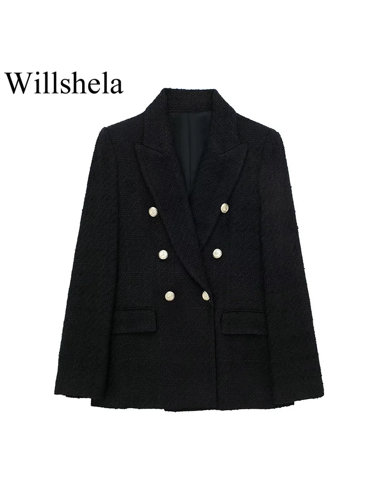 

Willshela Women Fashion With Pockets Black Double Breasted Blazer Vintage Notched Neck Long Sleeves Female Chic Lady Outfits