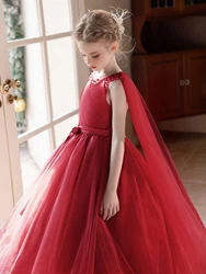 Elegant Purple Tween Girl's Formal Gown with Flowing Veil and Bow Decoration - 10Y (Red)